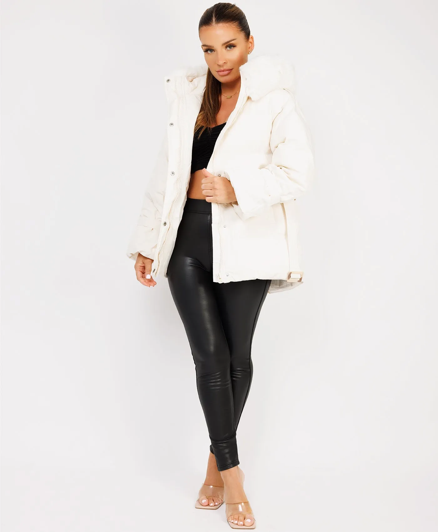 White Padded Faux Fur Hood Ivory Waist Belted Jacket