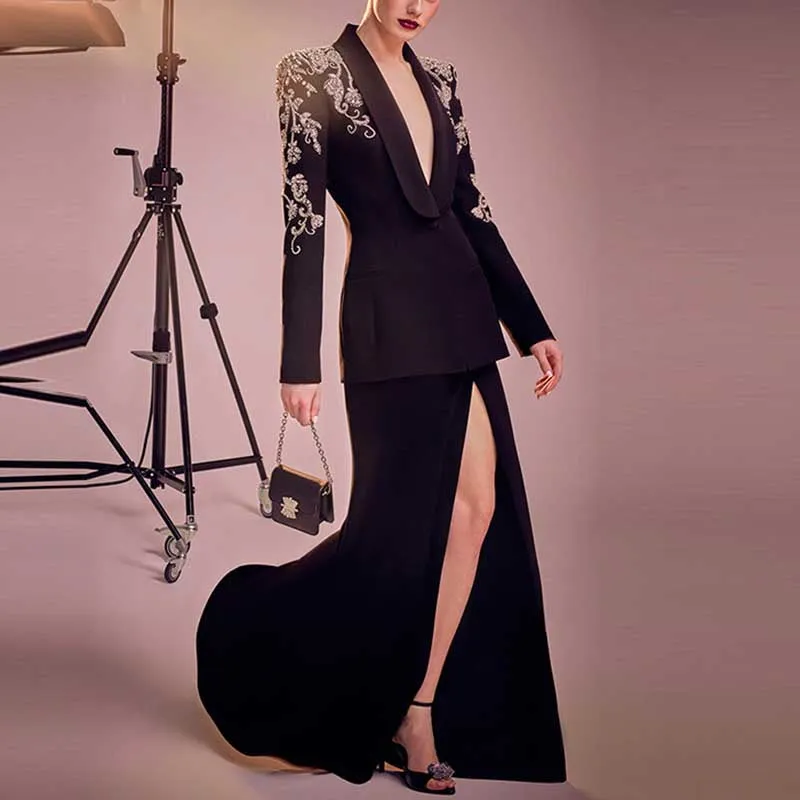 Women Black Studded Beaded Blazer Long Skirt Suit Jacket with Split Fish Tail Skirt Formal Suit