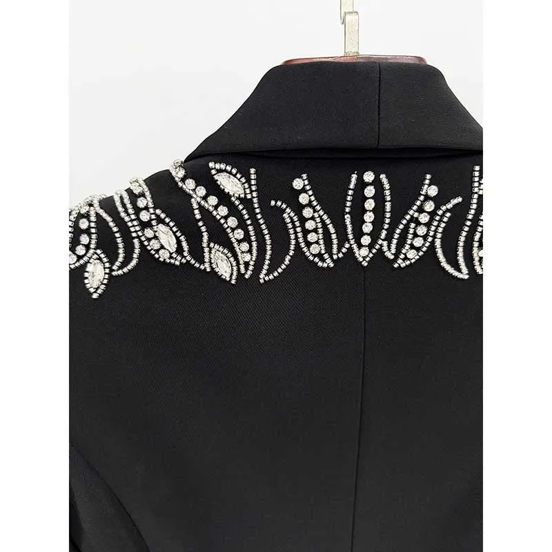 Women Black Studded Beaded Blazer Long Skirt Suit Jacket with Split Fish Tail Skirt Formal Suit