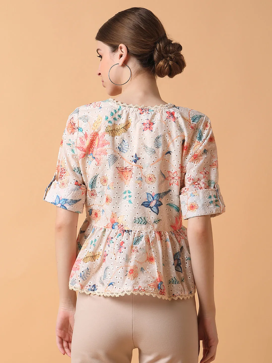 Women Floral Cream A-Line Schiffli Top