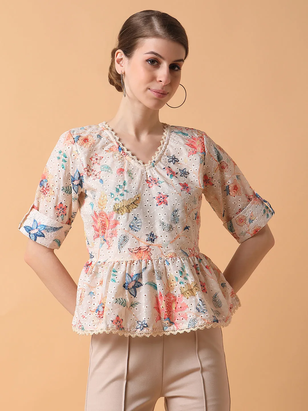 Women Floral Cream A-Line Schiffli Top