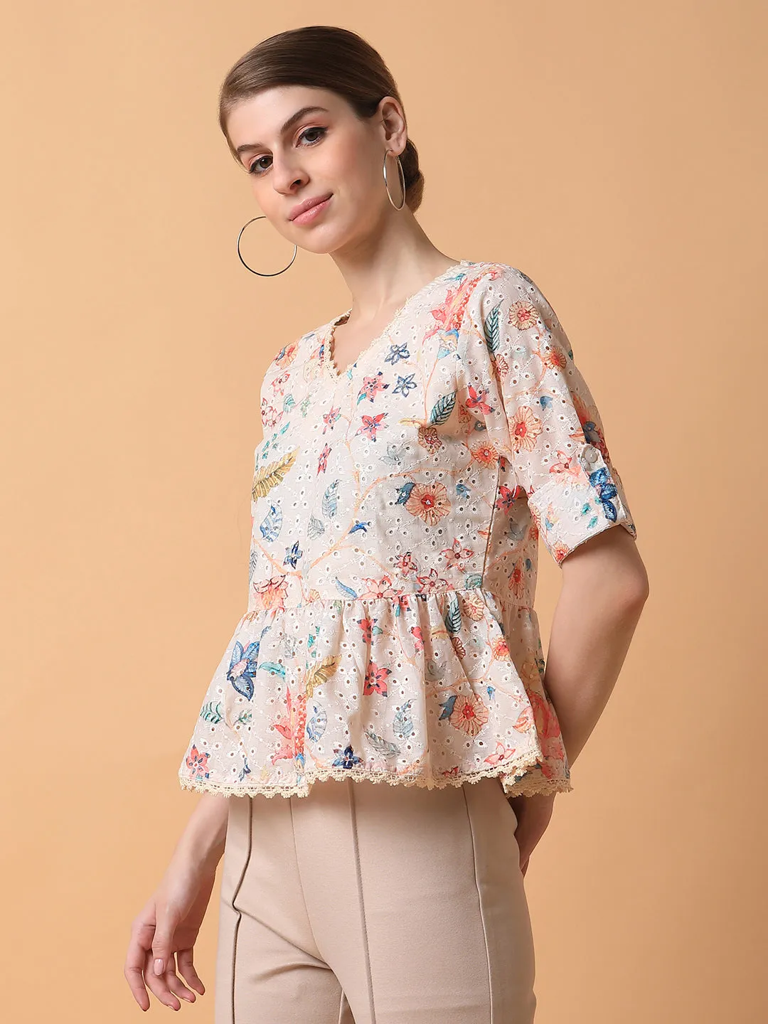 Women Floral Cream A-Line Schiffli Top