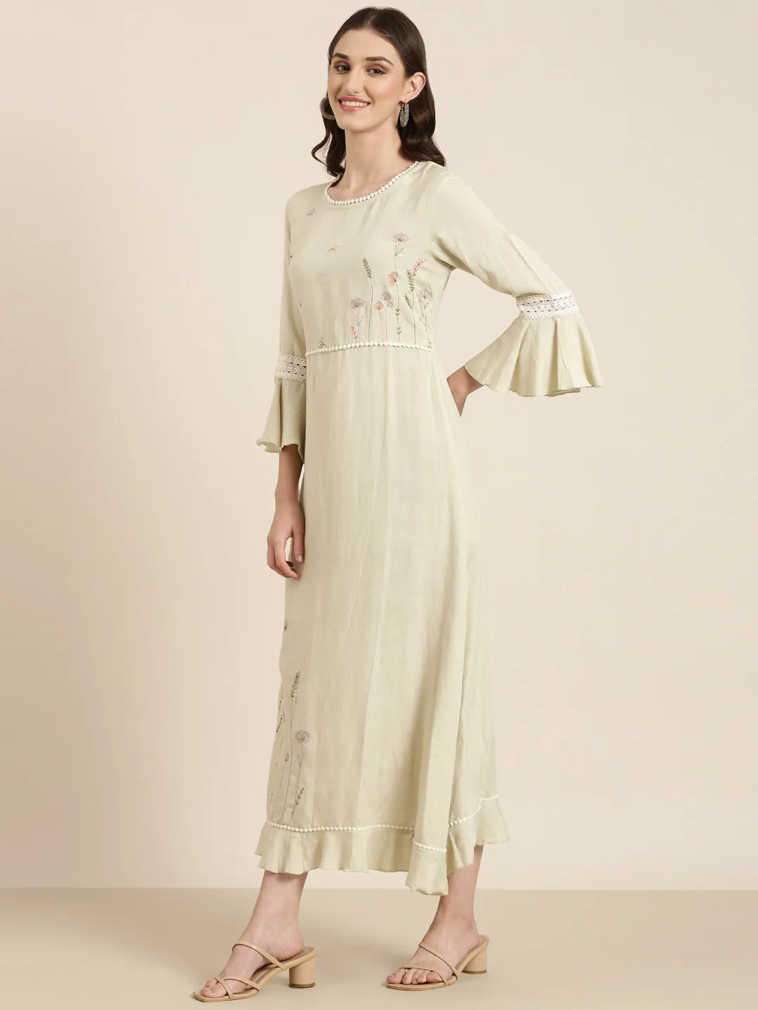 Women Green Solid A-Line Kurta