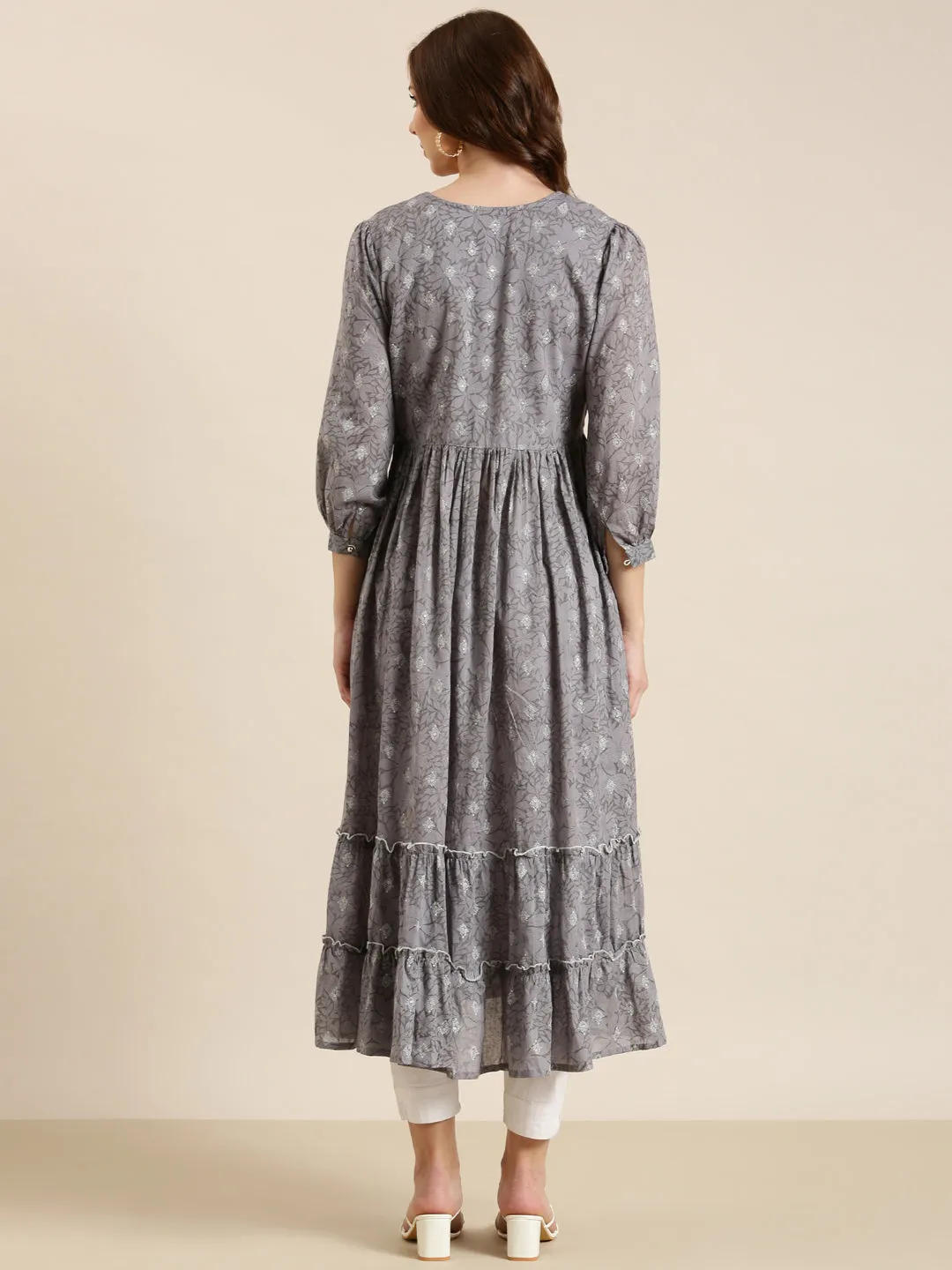 Women Grey Floral Anarkali Kurta