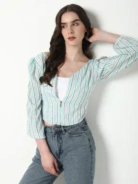 Women Sea Green Striped Fitted Crop Top