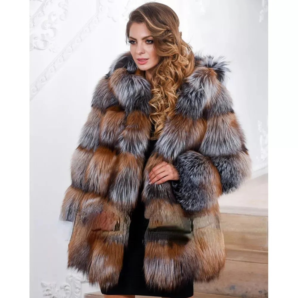 Women's natural silver fox fur hooded coat winter thickened warm fur coat