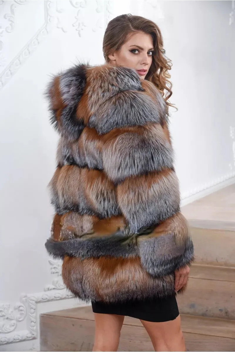 Women's natural silver fox fur hooded coat winter thickened warm fur coat