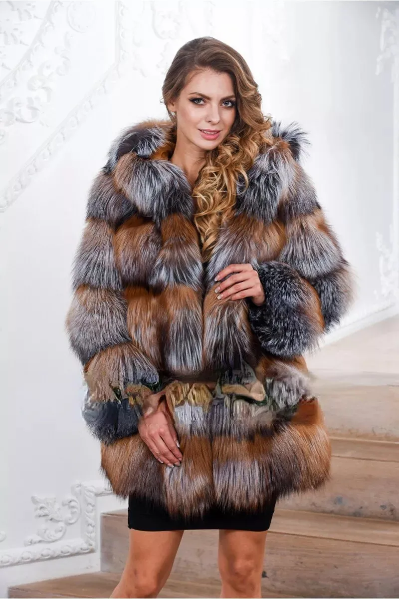 Women's natural silver fox fur hooded coat winter thickened warm fur coat